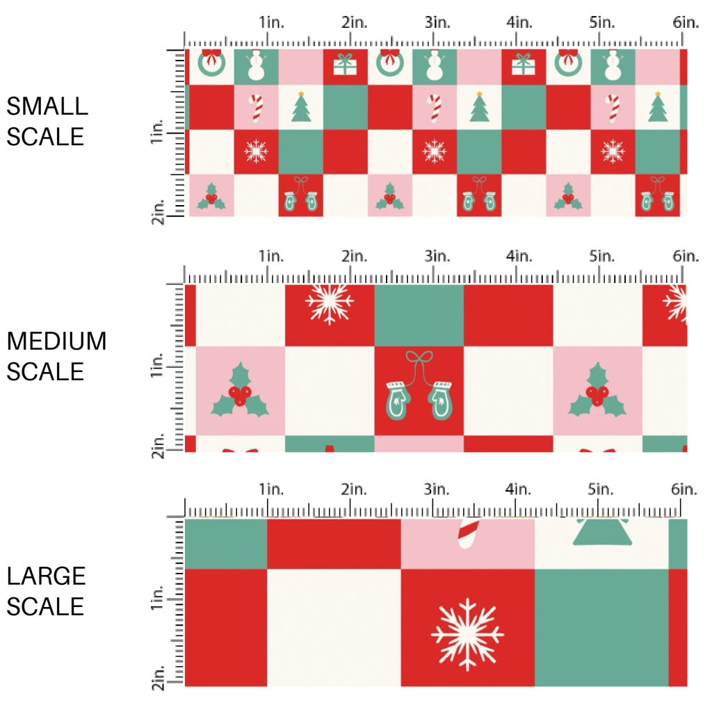 These winter themed pattern fabric by the yard features the following design elements: colorful Christmas checkered pattern. This fun themed fabric can be used for all your sewing and crafting needs!