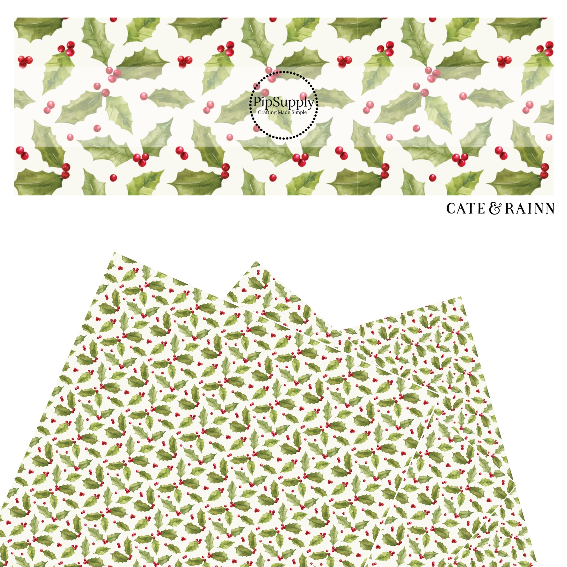 Green holly leaves with red berries on white faux leather sheets