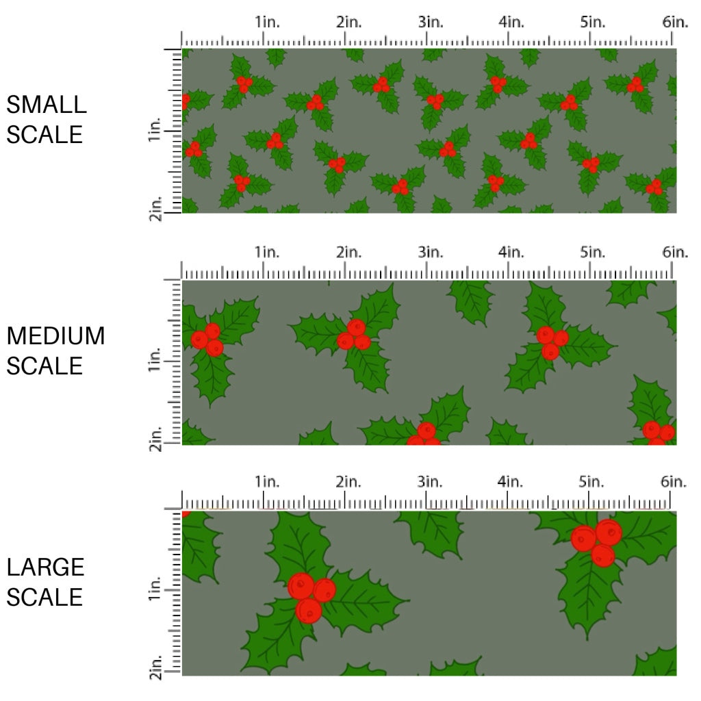 These Christmas themed pattern fabric by the yard features the following design elements: holly berries on grey. This fun themed fabric can be used for all your sewing and crafting needs!