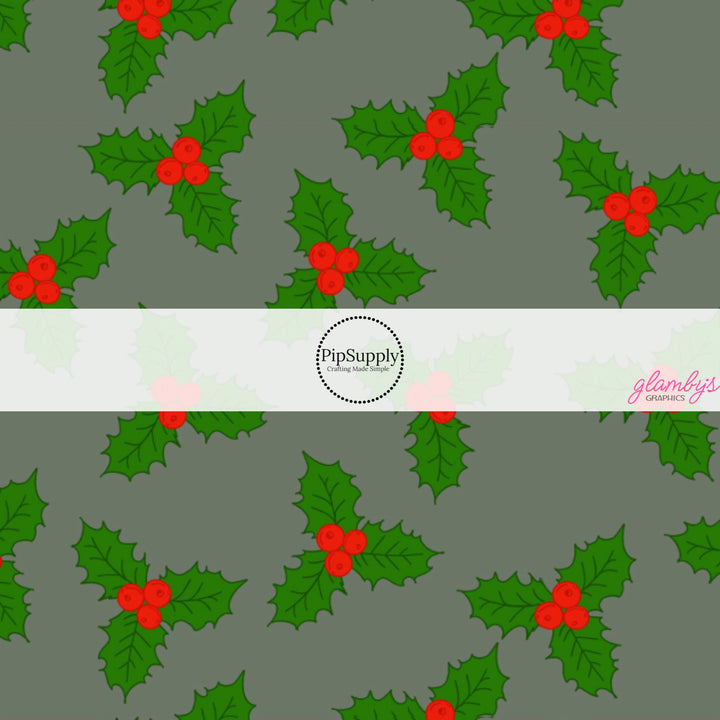 These Christmas themed pattern fabric by the yard features the following design elements: holly berries on grey. This fun themed fabric can be used for all your sewing and crafting needs!