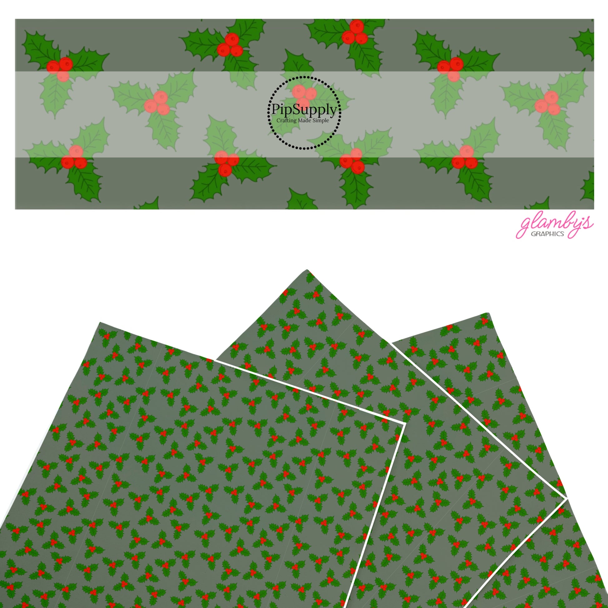 These Christmas themed pattern faux leather sheets contain the following design elements: holly berries on grey. Our CPSIA compliant faux leather sheets or rolls can be used for all types of crafting projects.