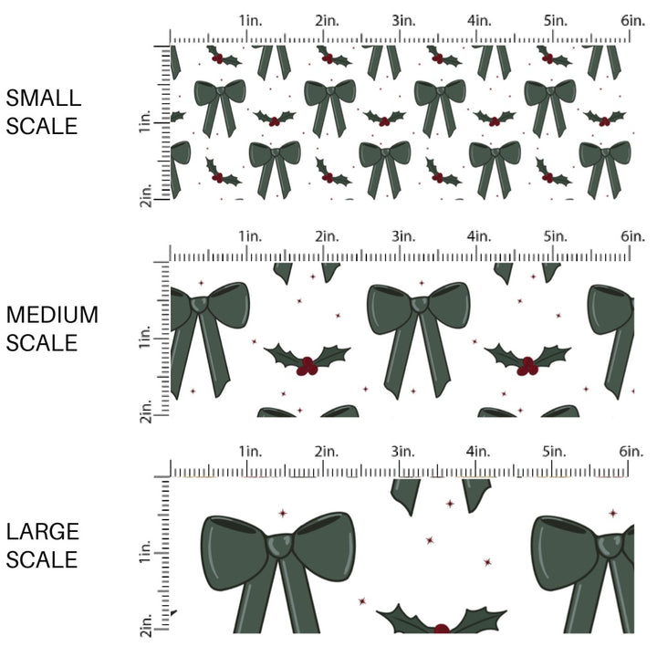 These winter bow themed pattern fabric by the yard features the following design elements: green bows and holly berries on cream. This fun themed fabric can be used for all your sewing and crafting needs!