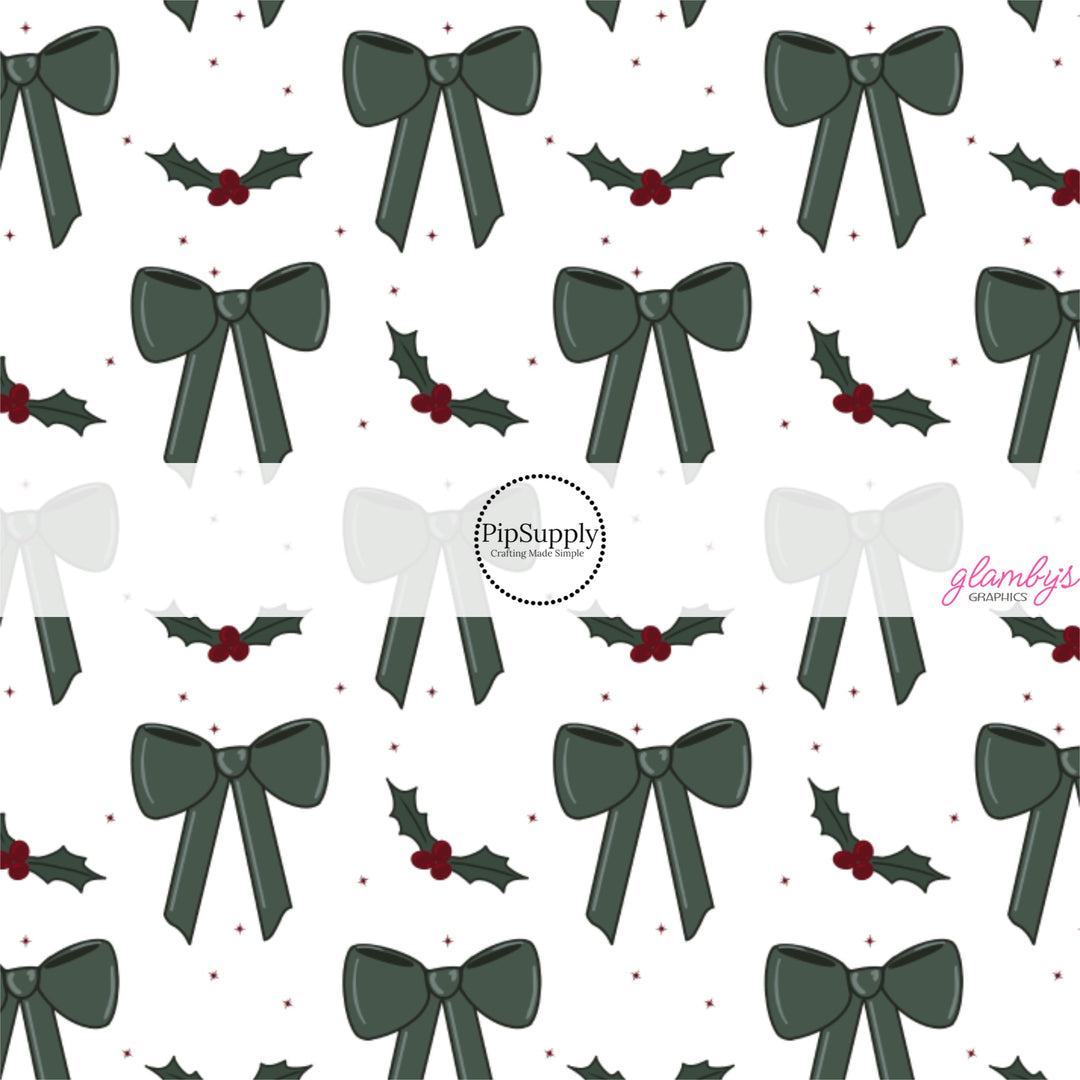 These winter bow themed pattern fabric by the yard features the following design elements: green bows and holly berries on cream. This fun themed fabric can be used for all your sewing and crafting needs!