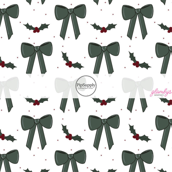 These winter bow themed no sew bow strips can be easily tied and attached to a clip for a finished hair bow. These fun patterned bow strips are great for personal use or to sell. These bow strips feature the following design elements: green bows and holly berries on cream.