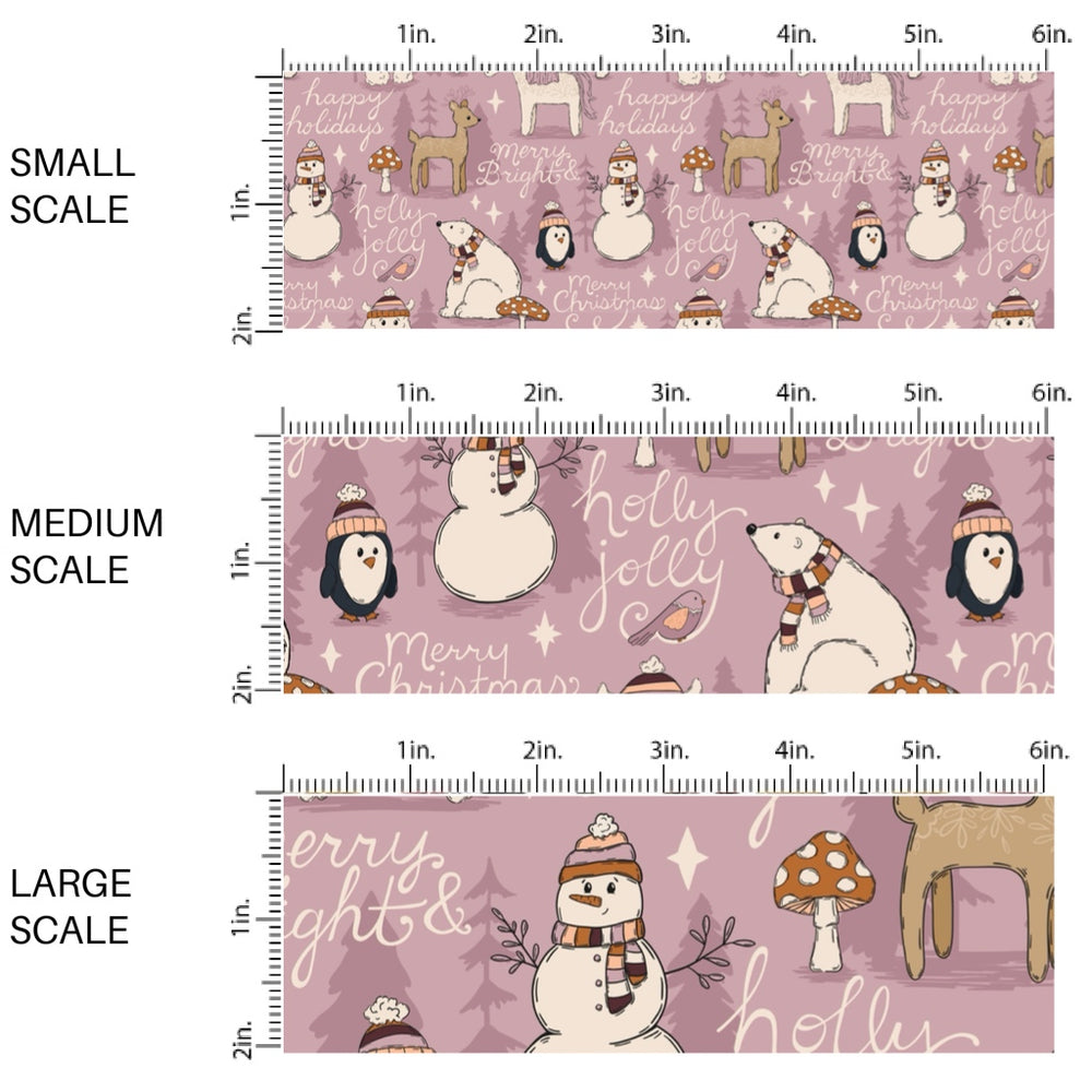 These winter animal themed pattern fabric by the yard features the following design elements winter animals in scarves and hats surrounded by holiday greetings. This fun themed fabric can be used for all your sewing and crafting needs!