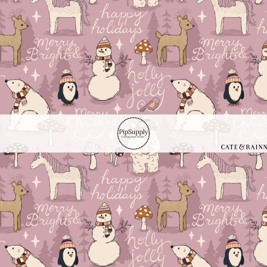 These winter animal themed pattern fabric by the yard features the following design elements winter animals in scarves and hats surrounded by holiday greetings. This fun themed fabric can be used for all your sewing and crafting needs!