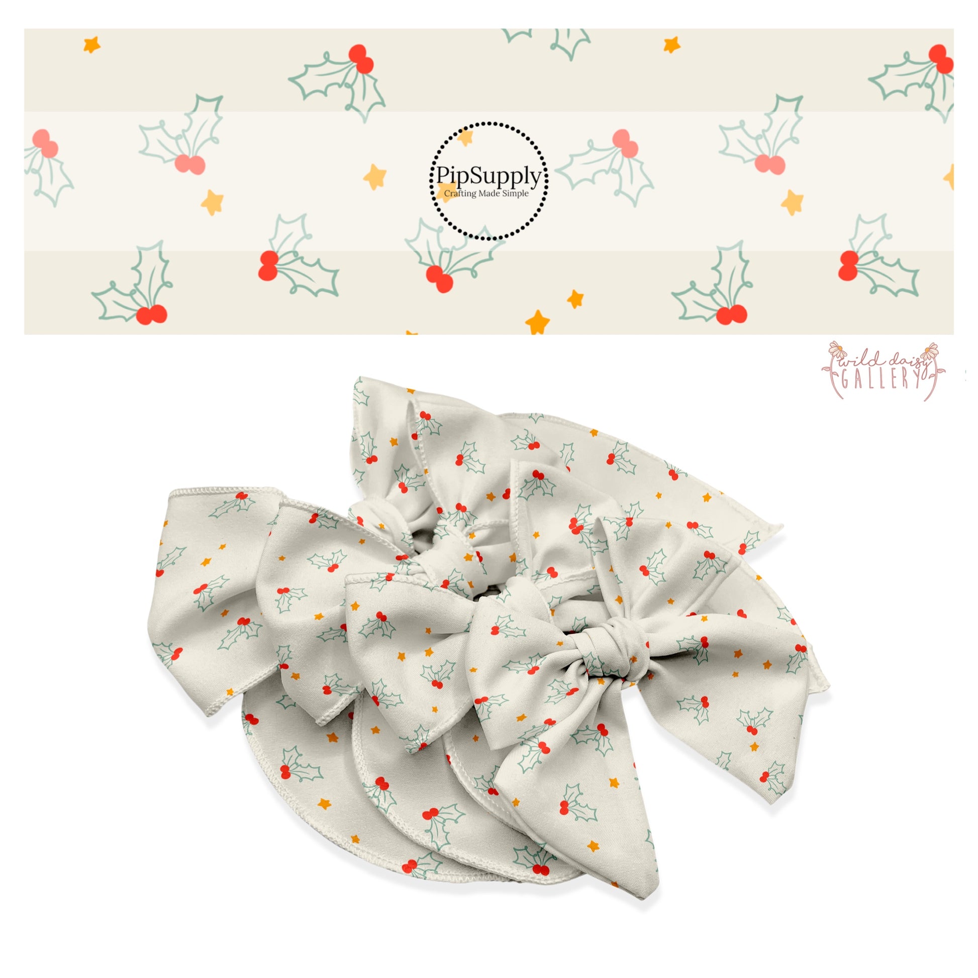 Holly leaves with berries and stars on cream hair bow strips