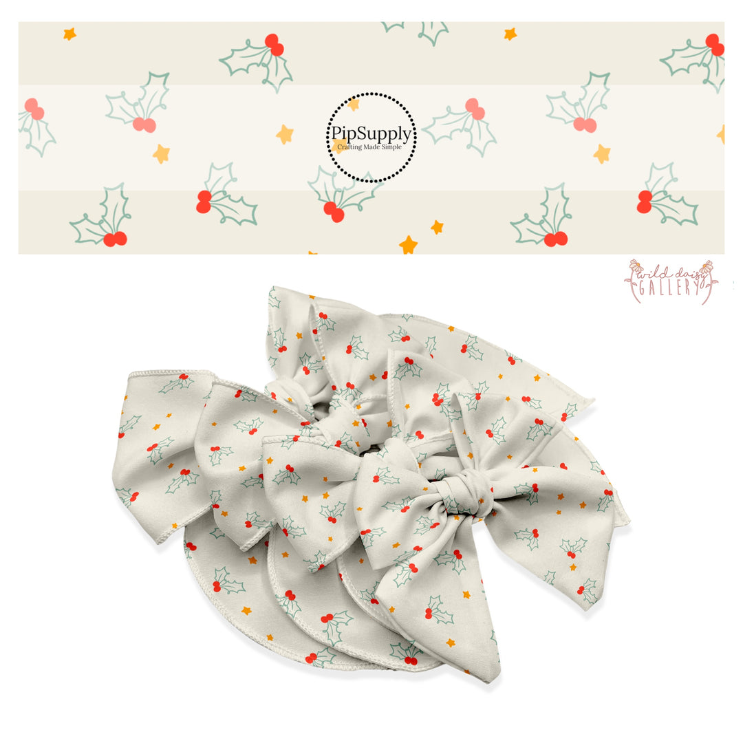 Holly leaves with berries and stars on cream hair bow strips