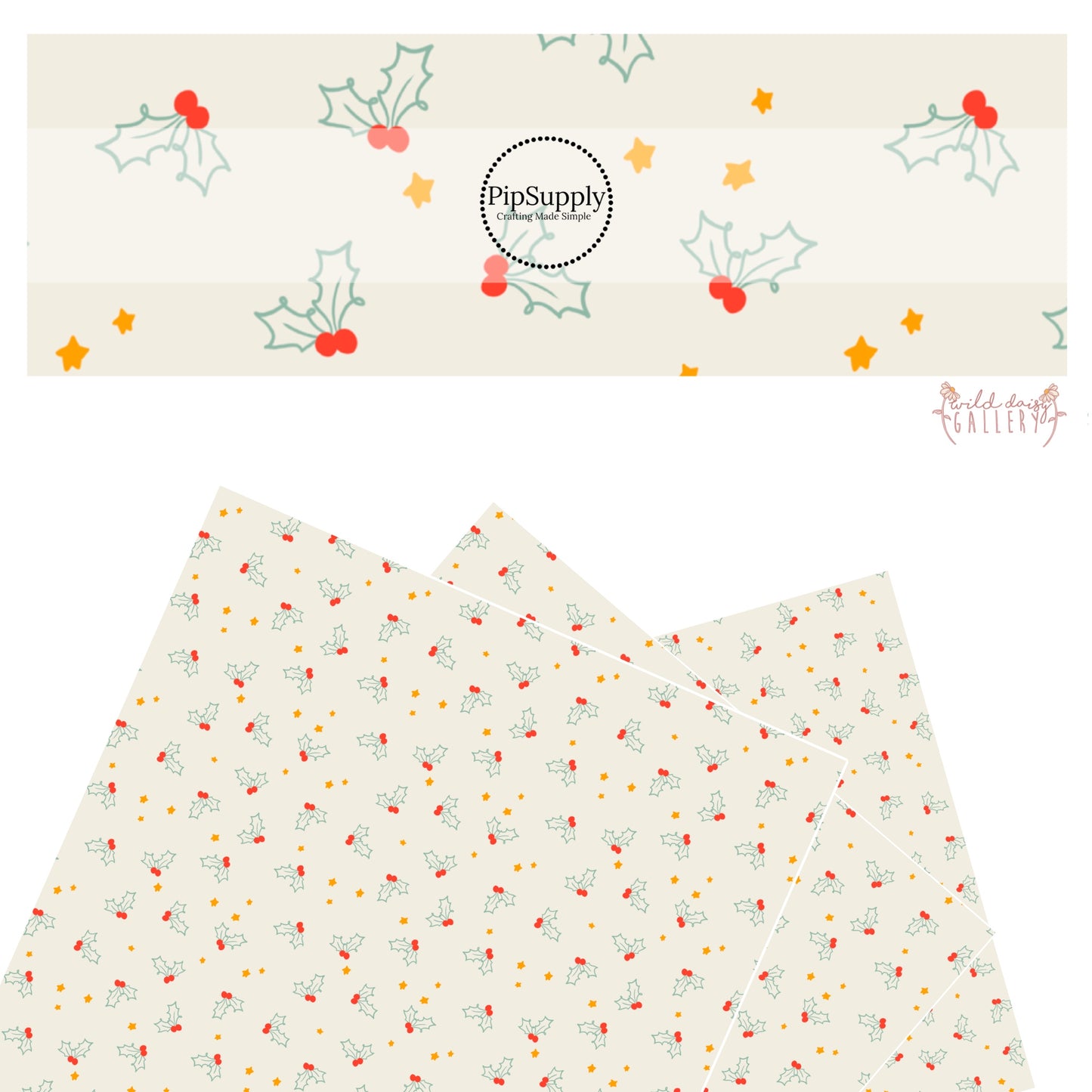Holly leaves with red berries and yellow stars on cream faux leather sheets