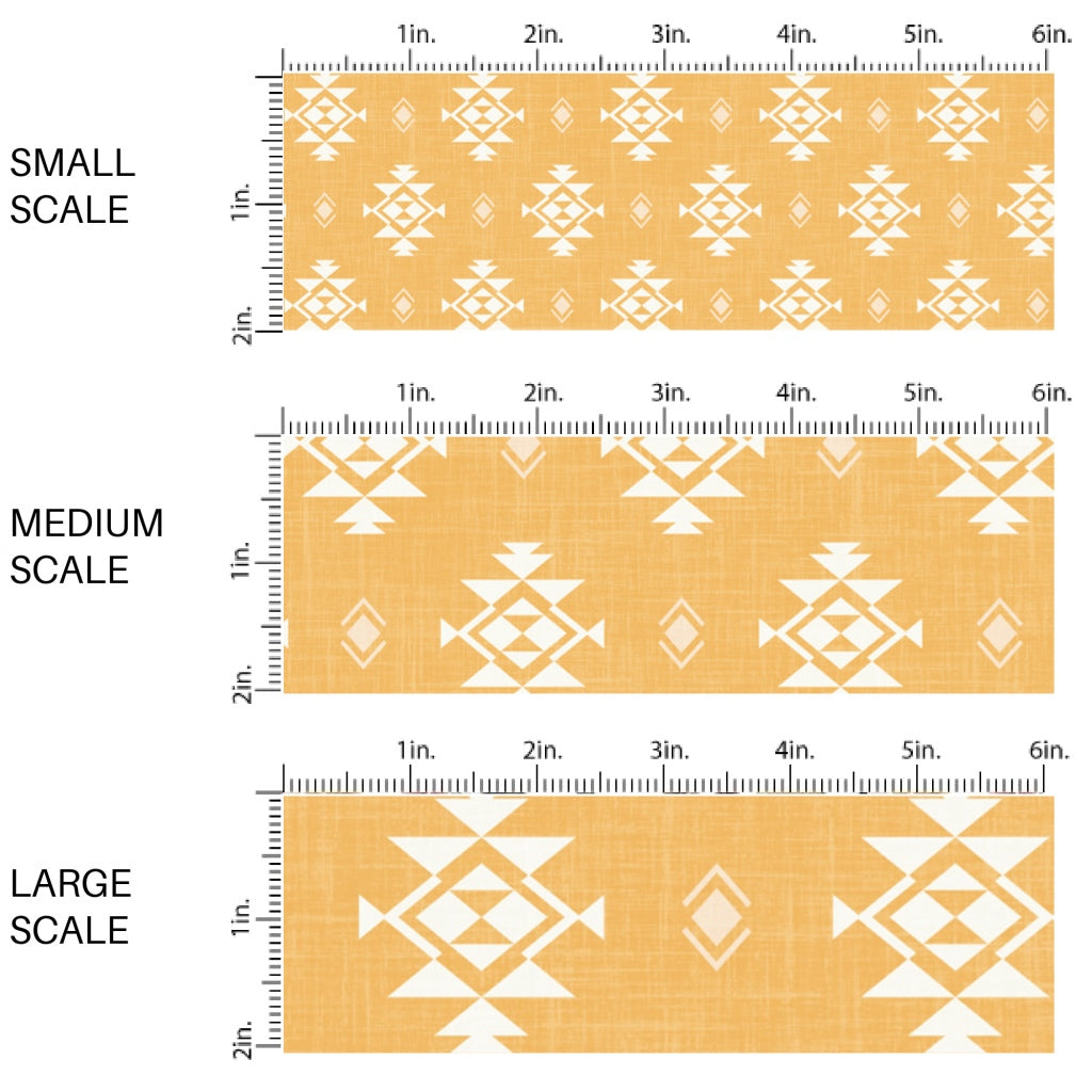 This scale chart of small scale, medium scale, and large scale of this summer fabric by the yard features western aztec pattern on honey.. This fun summer themed fabric can be used for all your sewing and crafting needs!