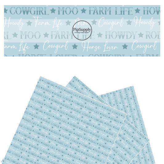 These western pattern themed faux leather sheets contain the following design elements: "Horse Lover" sayings and stars on blue. Our CPSIA compliant faux leather sheets or rolls can be used for all types of crafting projects.