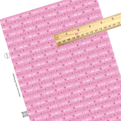 These western pattern themed faux leather sheets contain the following design elements: "Horse Lover" sayings and stars on pink. Our CPSIA compliant faux leather sheets or rolls can be used for all types of crafting projects.