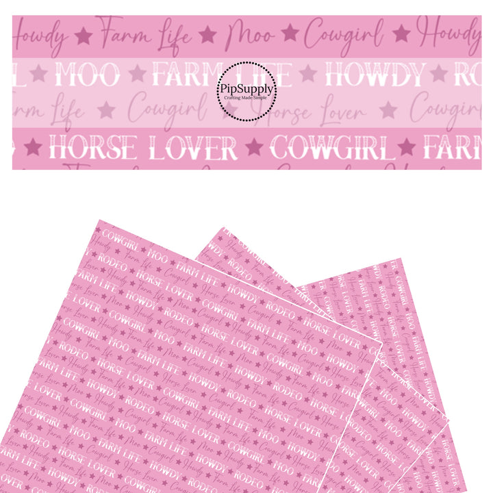 These western pattern themed faux leather sheets contain the following design elements: "Horse Lover" sayings and stars on pink. Our CPSIA compliant faux leather sheets or rolls can be used for all types of crafting projects.