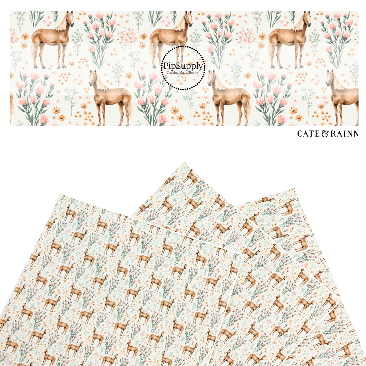 These summer faux leather sheets contain the following design elements: horses and blush wildflowers on cream. Our CPSIA compliant faux leather sheets or rolls can be used for all types of crafting projects.