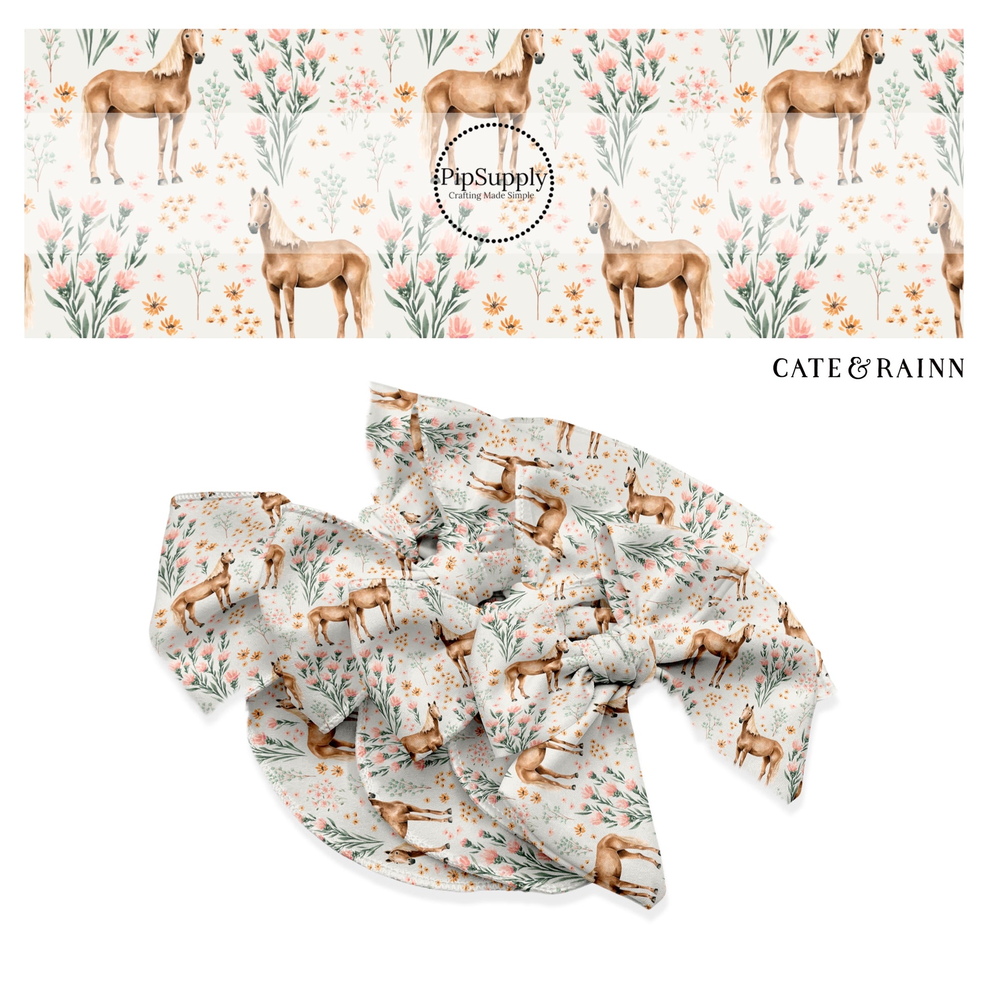 These summer themed no sew bow strips can be easily tied and attached to a clip for a finished hair bow. These summer patterned bow strips are great for personal use or to sell. These bow strips feature horses and blush wildflowers on cream.