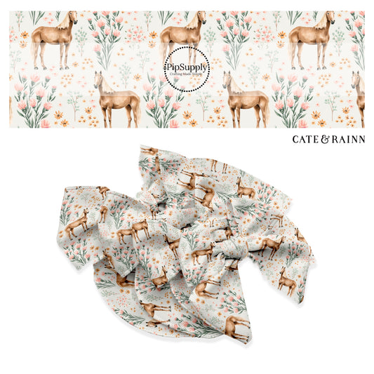 These summer themed no sew bow strips can be easily tied and attached to a clip for a finished hair bow. These summer patterned bow strips are great for personal use or to sell. These bow strips feature horses and blush wildflowers on cream.