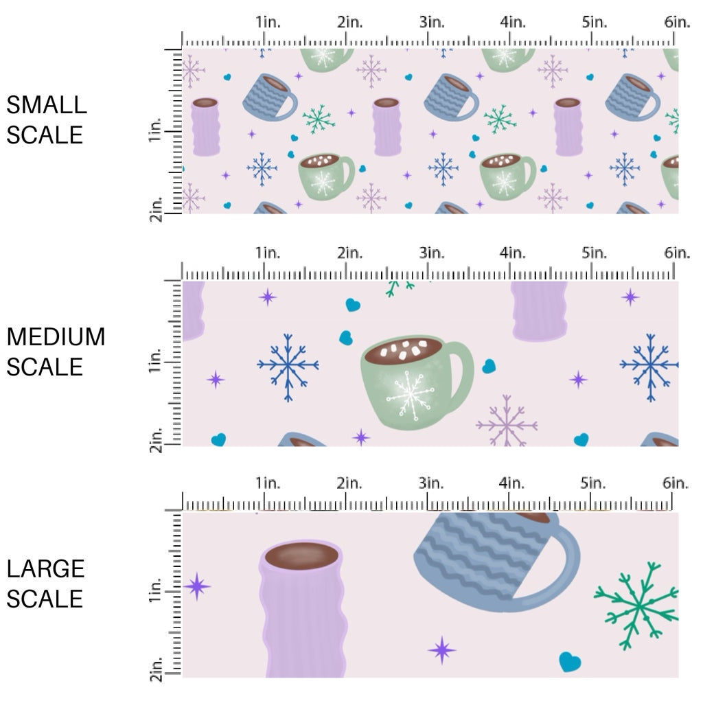 These Christmas themed pattern fabric by the yard features the following design elements: colorful hot cocoa cups on purple. This fun themed fabric can be used for all your sewing and crafting needs!