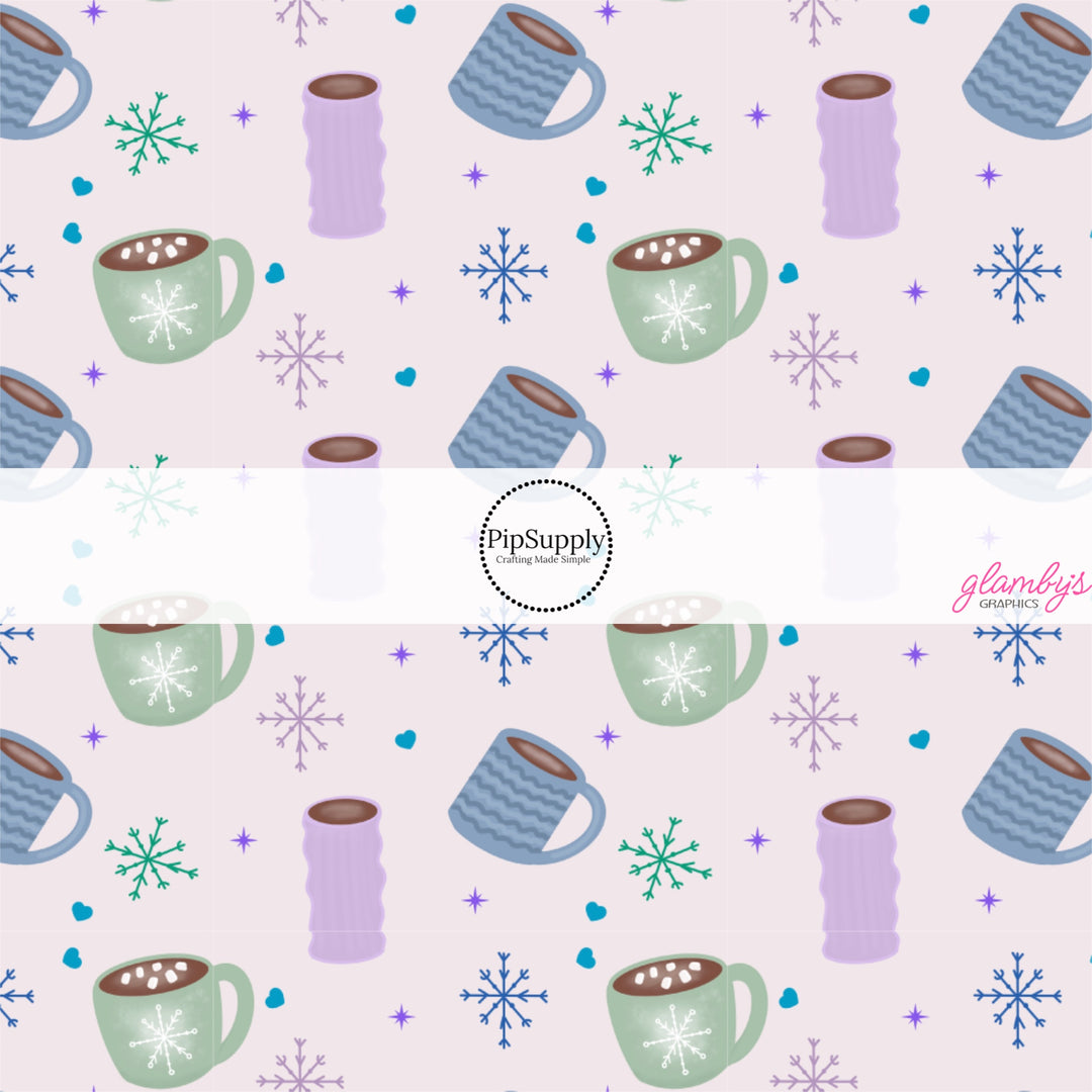 These Christmas themed pattern fabric by the yard features the following design elements: colorful hot cocoa cups on purple. This fun themed fabric can be used for all your sewing and crafting needs!