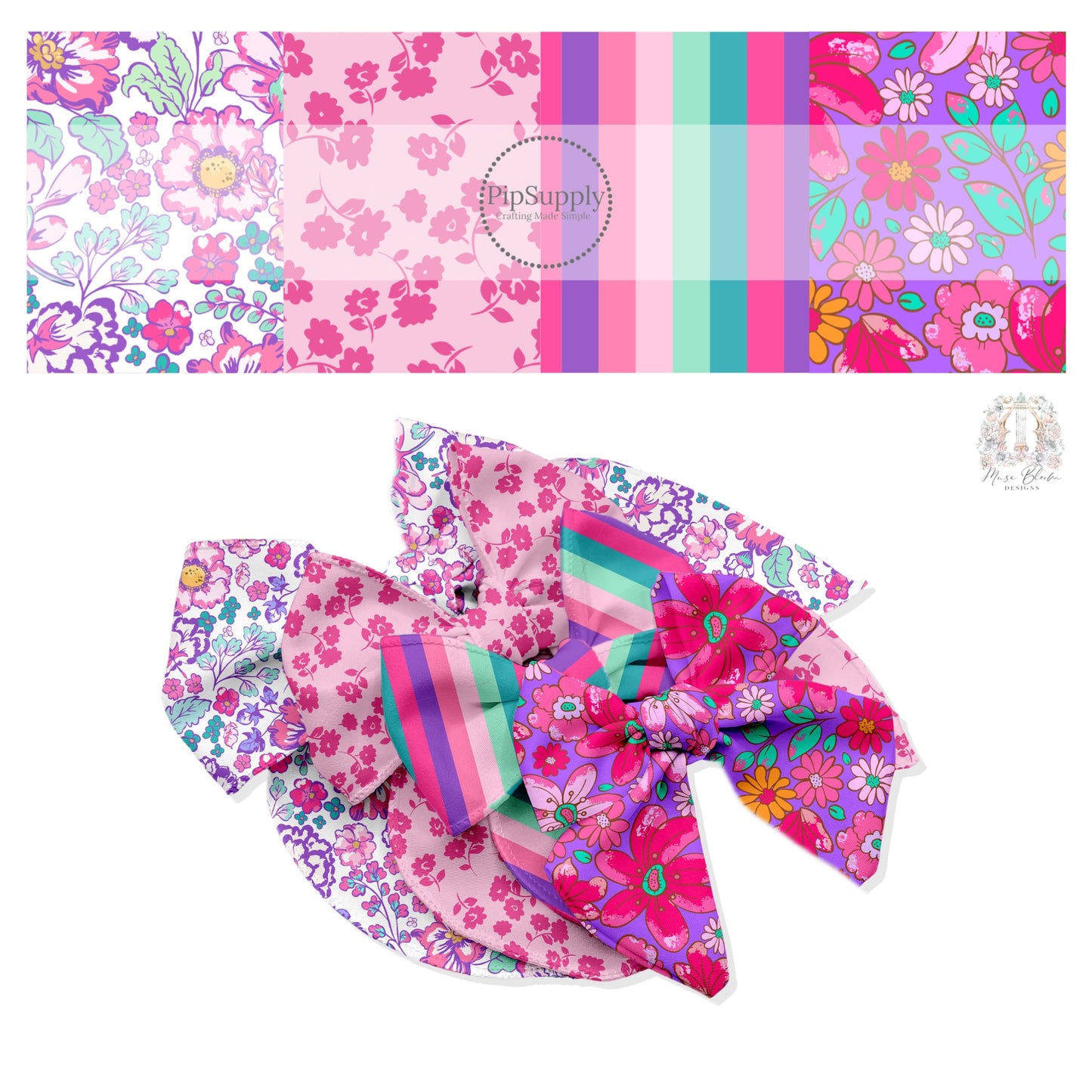 Bright Purple and Pink Blooms Hair Bow Strips