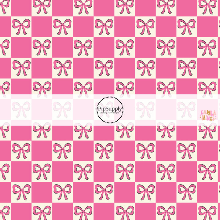 This spring themed fabric by the yard features hot pink bows on pink and cream checkers. This fun pattern fabric can be used for all your sewing and crafting needs!