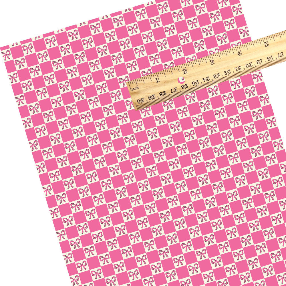 These spring themed faux leather sheets contain the following design elements: hot pink bows on pink and cream checkers. Our CPSIA compliant faux leather sheets or rolls can be used for all types of crafting projects.