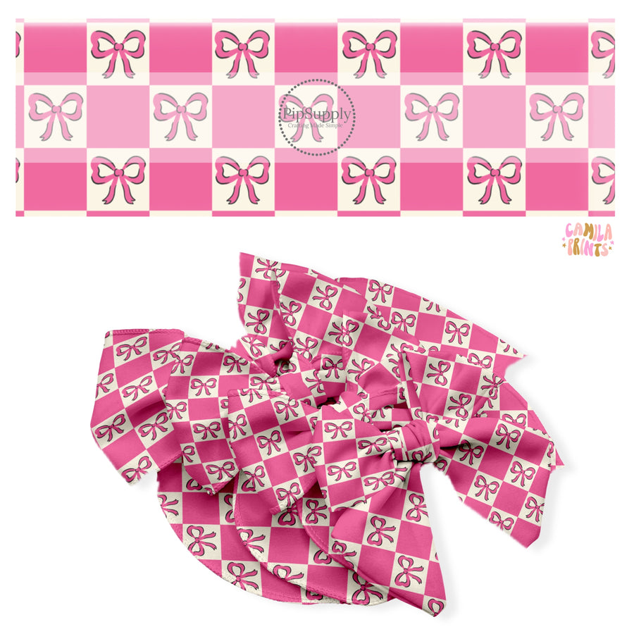 These spring no sew bow strips can be easily tied and attached to a clip for a finished hair bow. These fun bow strips are great for personal use or to sell. These bow strips feature the following design elements: hot pink bows on pink and cream checkers.