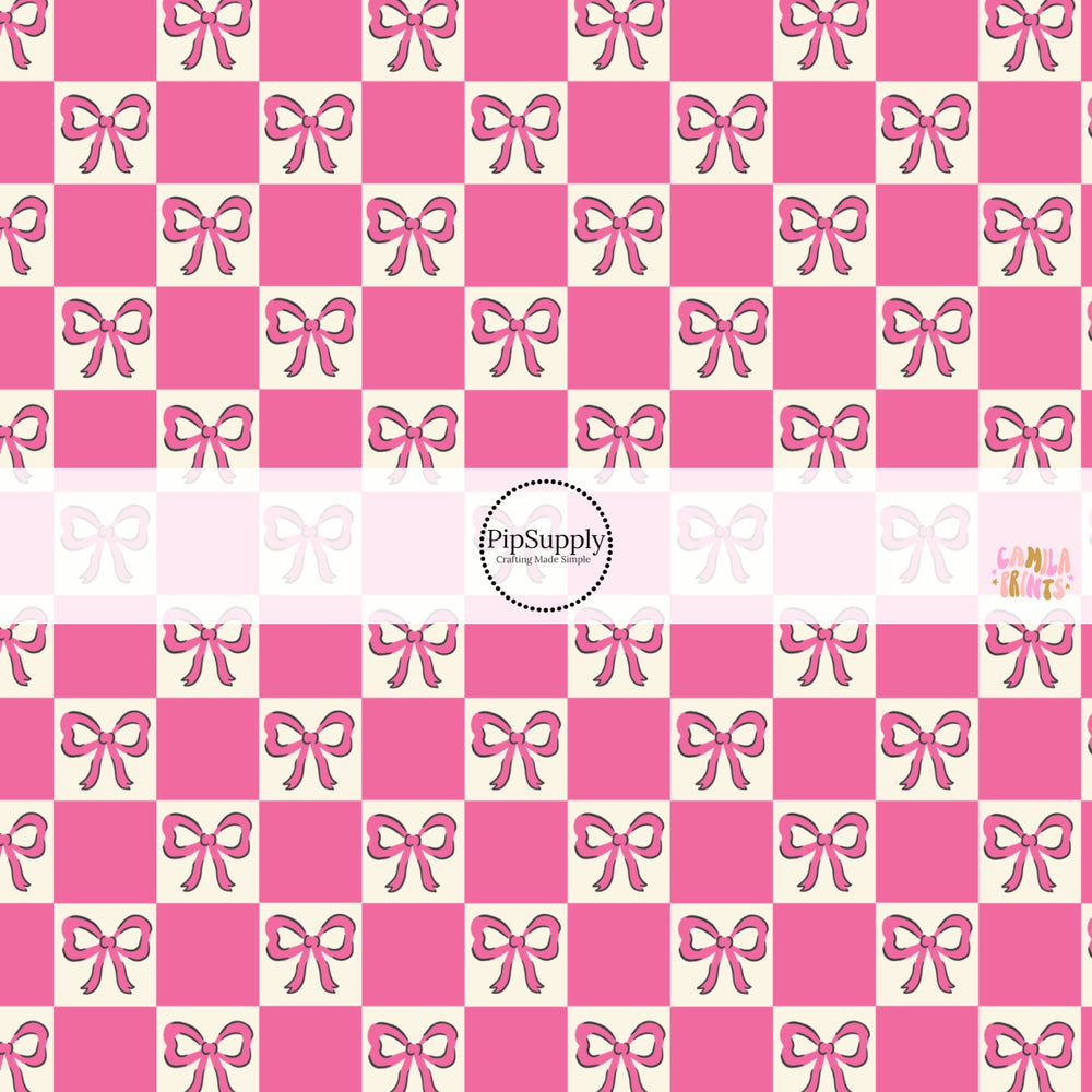 These spring no sew bow strips can be easily tied and attached to a clip for a finished hair bow. These fun bow strips are great for personal use or to sell. These bow strips feature the following design elements: hot pink bows on pink and cream checkers.