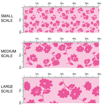 This scale chart of small scale, medium scale, and large scale of these floral themed light pink fabric by the yard features hot pink flowers on light pink. 
