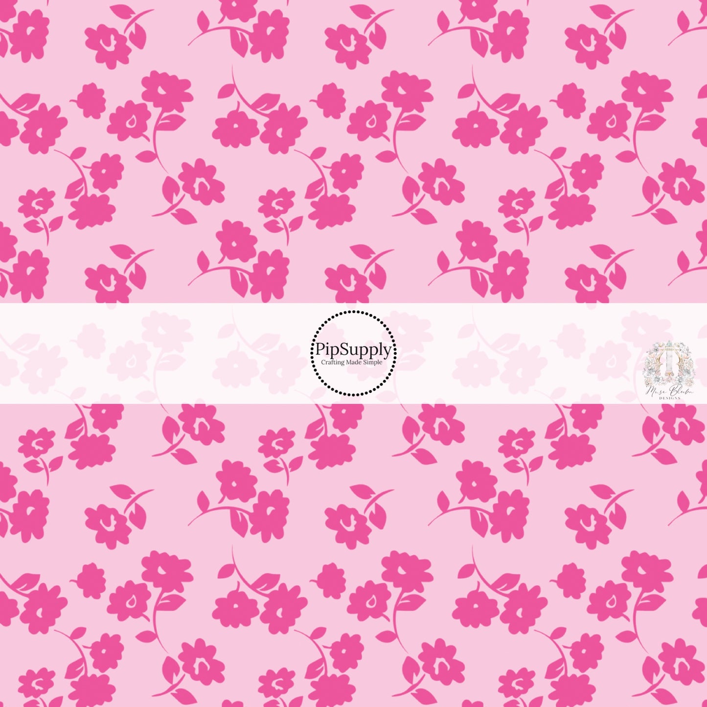 These floral themed light pink fabric by the yard features hot pink flowers on light pink. 