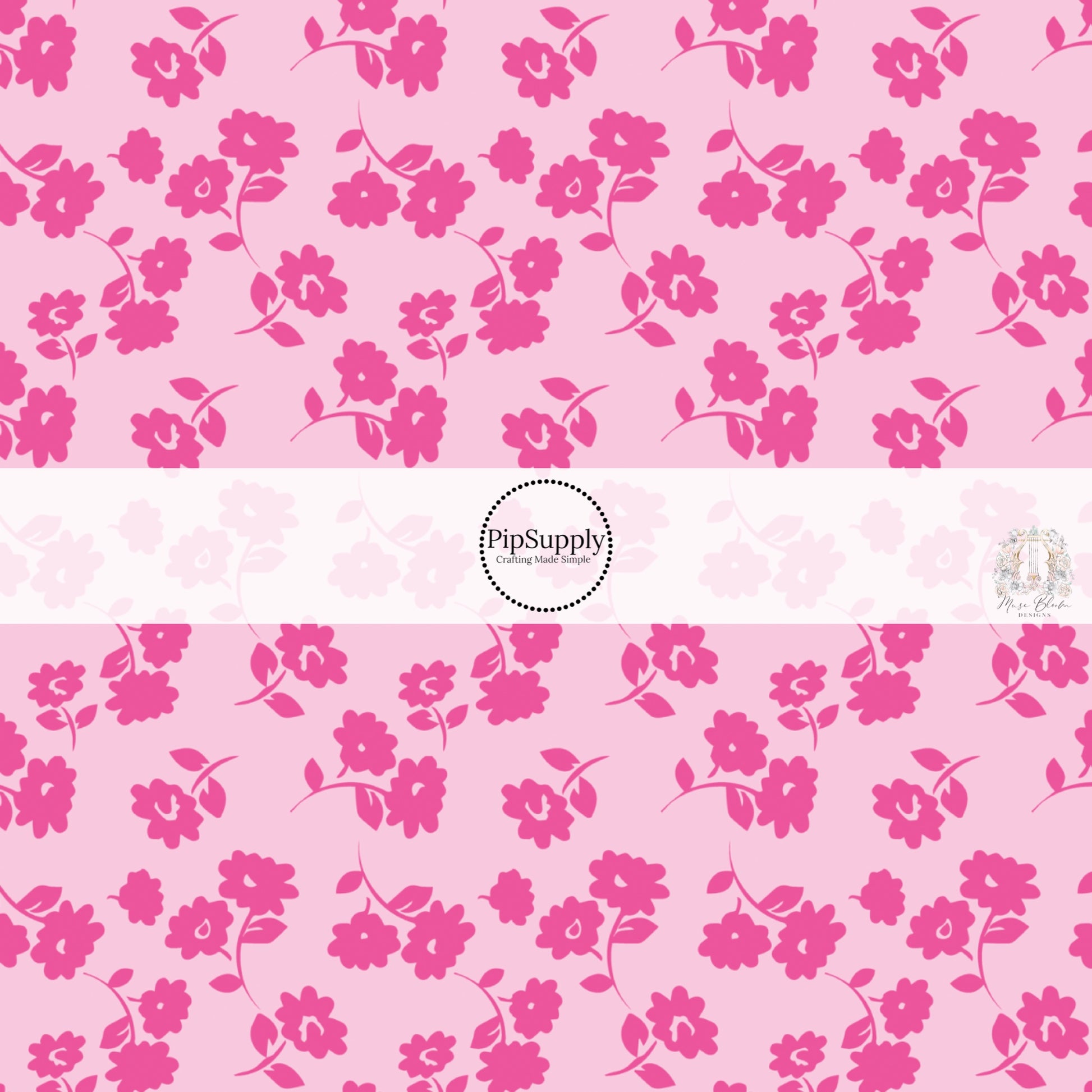 These floral themed light pink fabric by the yard features hot pink flowers on light pink. 