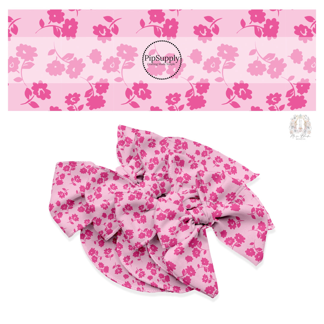 These floral themed light pink no sew bow strips can be easily tied and attached to a clip for a finished hair bow. These fun summer floral themed bow strips features hot pink flowers on light pink are great for personal use or to sell.