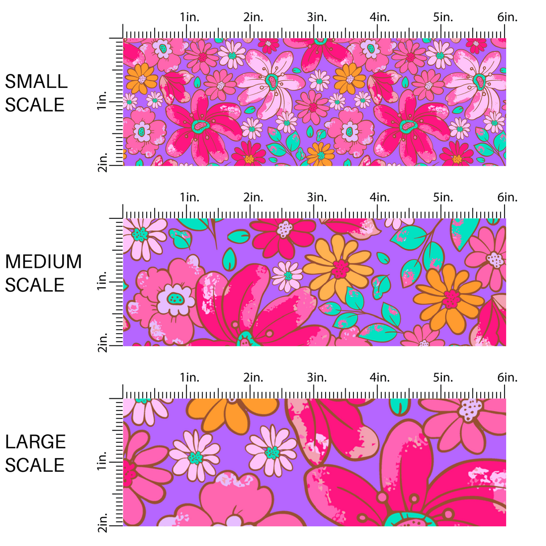 This scale chart of small scale, medium scale, and large scale of  these floral themed purple fabric by the yard features hot pink, light pink, orange, and aqua flowers on purple. This fun summer floral themed fabric can be used for all your sewing and crafting needs! 