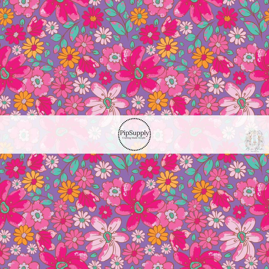  These floral themed purple fabric by the yard features hot pink, light pink, orange, and aqua flowers on purple. This fun summer floral themed fabric can be used for all your sewing and crafting needs! 