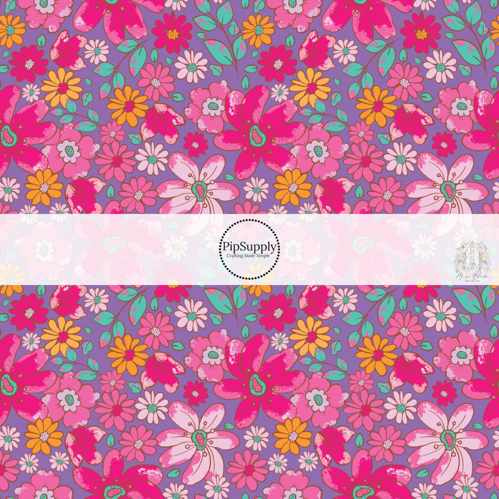 These floral themed purple no sew bow strips can be easily tied and attached to a clip for a finished hair bow. These fun summer floral themed bow strips features hot pink, orange, aqua, and light pink flowers on purple are great for personal use or to sell.