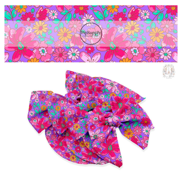 These floral themed purple no sew bow strips can be easily tied and attached to a clip for a finished hair bow. These fun summer floral themed bow strips features hot pink, orange, aqua, and light pink flowers on purple are great for personal use or to sell.