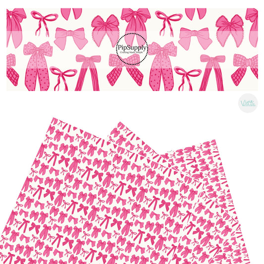 These spring bows faux leather sheets contain the following design elements: hot pink multi ribbon bows. Our CPSIA compliant faux leather sheets or rolls can be used for all types of crafting projects. 