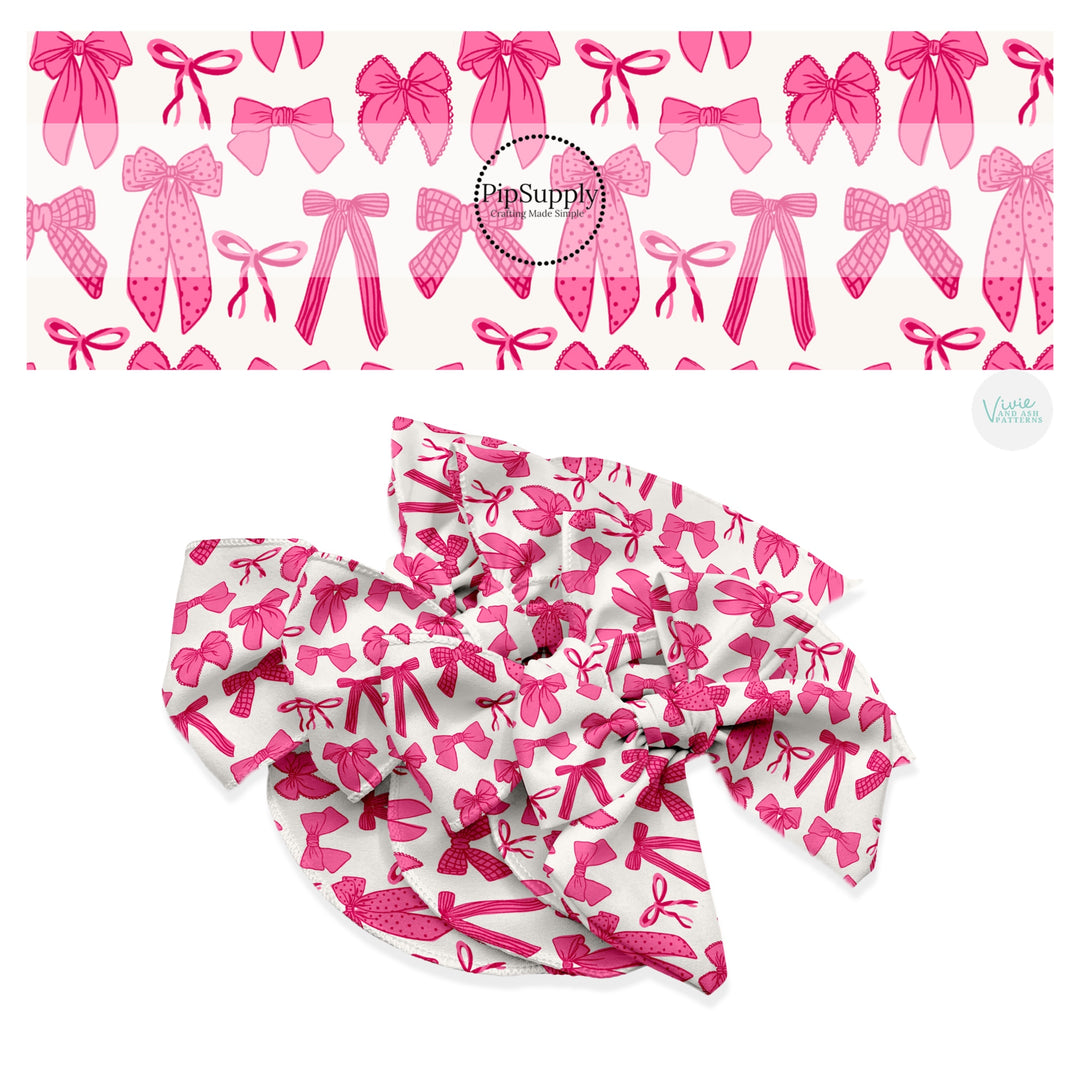 These spring bows themed no sew bow strips can be easily tied and attached to a clip for a finished hair bow. These patterned bow strips are great for personal use or to sell. These bow strips features hot pink multi ribbon bows.