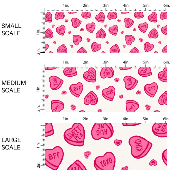 This holiday fabric by the yard features Valentine heart candy. This festive pattern fabric can be used for all your sewing and crafting needs!