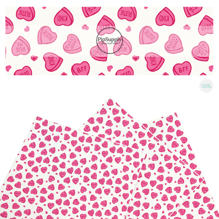 These holiday faux leather sheets contain the following design elements: Valentine heart candy. Our CPSIA compliant faux leather sheets or rolls can be used for all types of crafting projects.