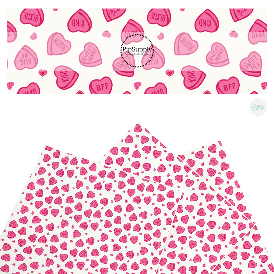 These holiday faux leather sheets contain the following design elements: Valentine heart candy. Our CPSIA compliant faux leather sheets or rolls can be used for all types of crafting projects.