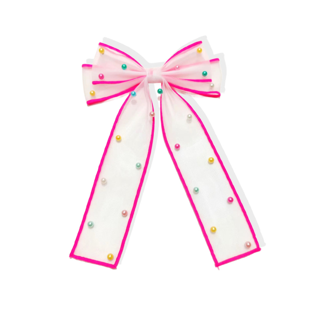 These spring tulle pearl long tail pre-cut tied bows are ready to package and resell to your customers no sewing or measuring necessary! These hair bows come with a alligator clip already attached.