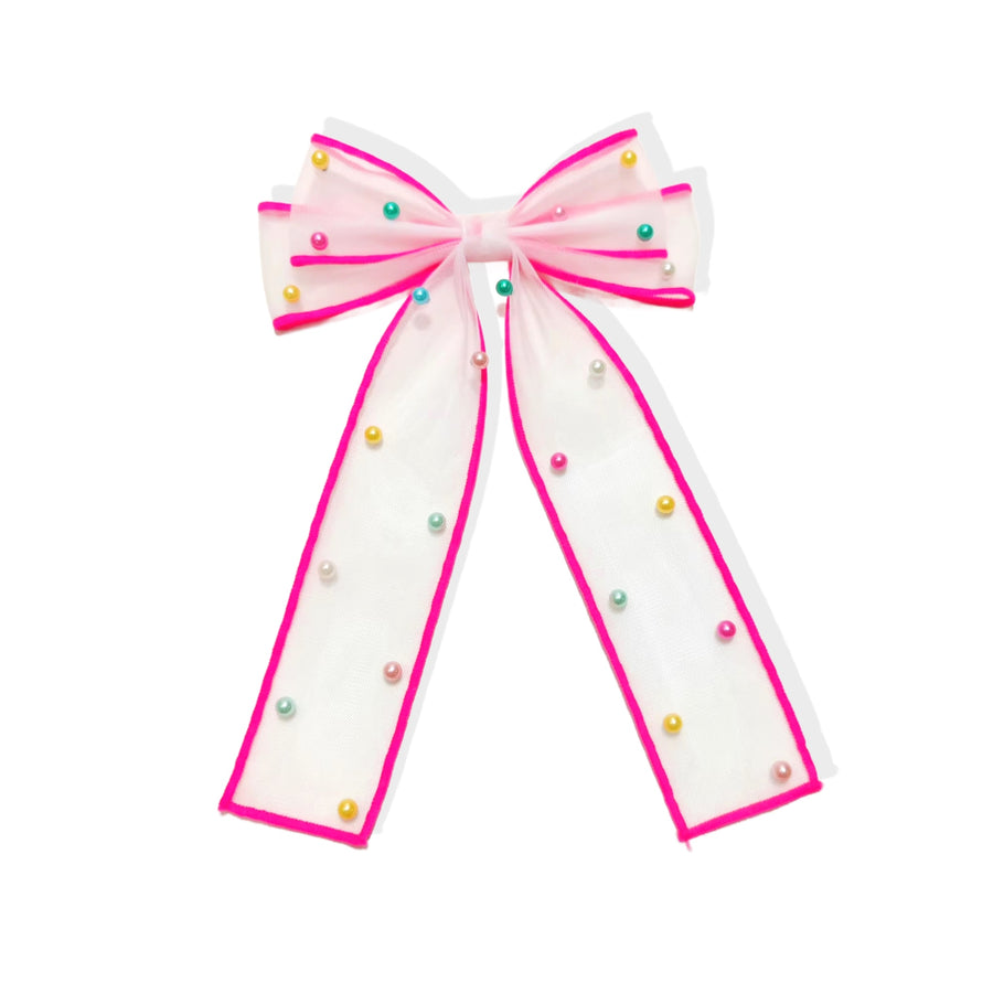 These spring tulle pearl long tail pre-cut tied bows are ready to package and resell to your customers no sewing or measuring necessary! These hair bows come with a alligator clip already attached.
