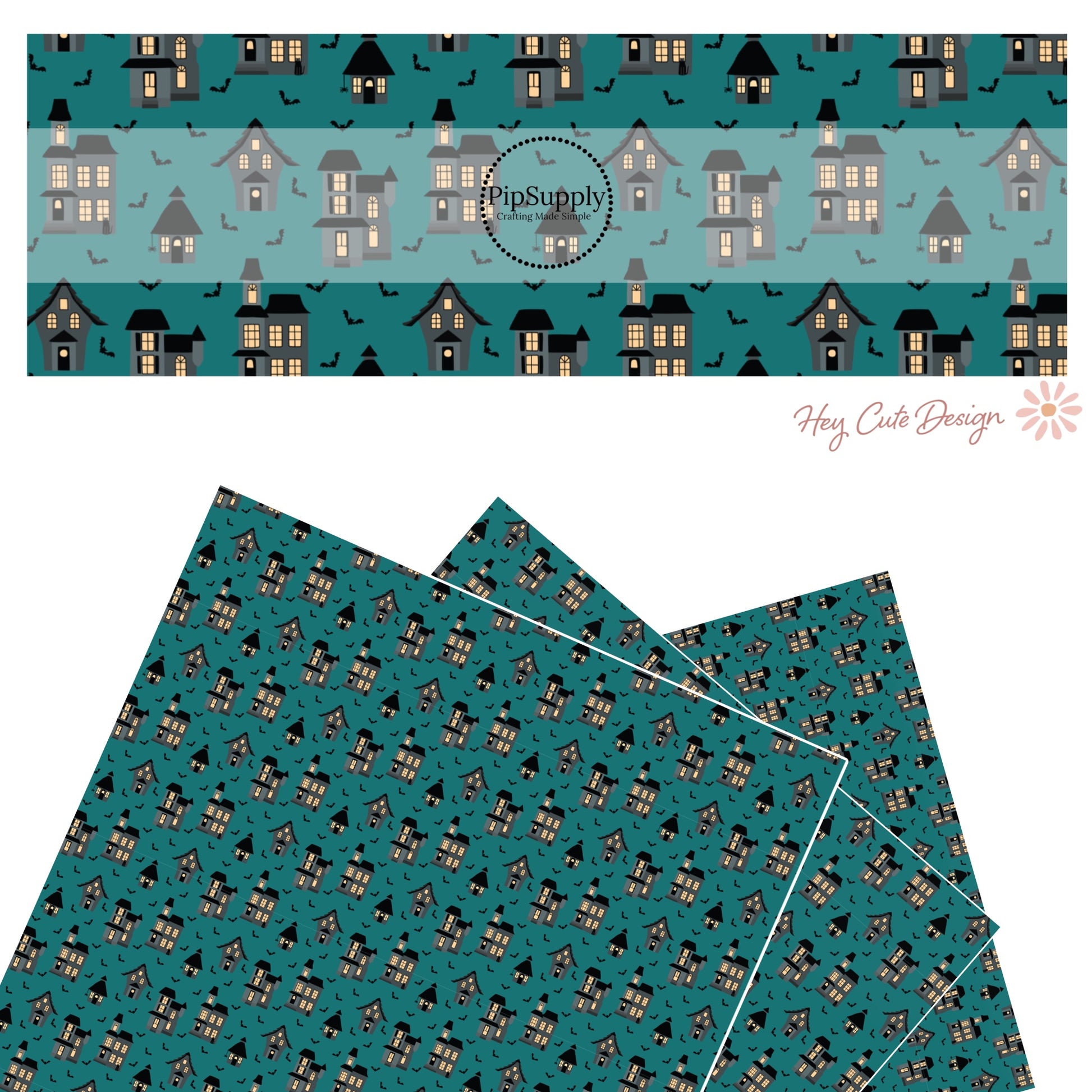 Flying bats with haunted house on teal faux leather sheets