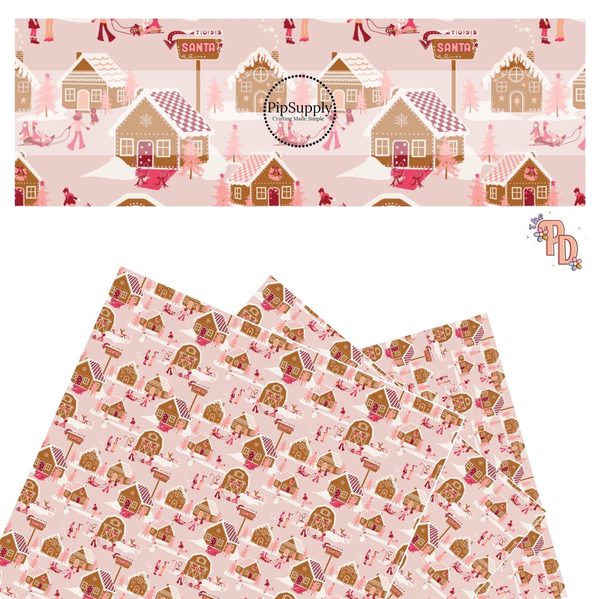 Snowy gingerbread houses with people and trees on pink faux leather sheets