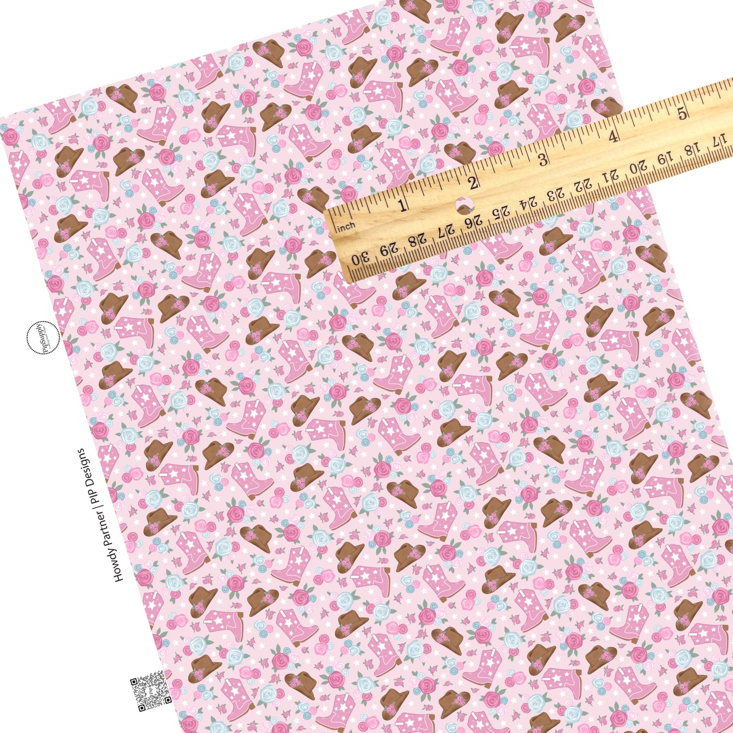 These western pink floral pattern themed faux leather sheets contain the following design elements: cowgirl boots and hats surrounded by pink and light blue flowers. Our CPSIA compliant faux leather sheets or rolls can be used for all types of crafting projects.