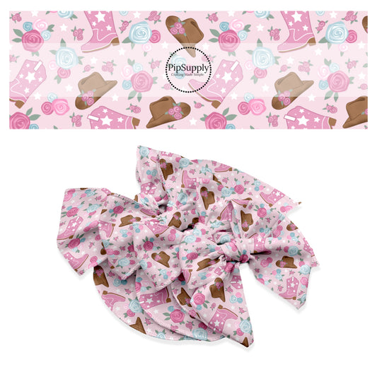 These western pink floral pattern no sew bow strips can be easily tied and attached to a clip for a finished hair bow. These bow strips are great for personal use or to sell. The bow strips features cowgirl boots and hats surrounded by pink and light blue flowers. 