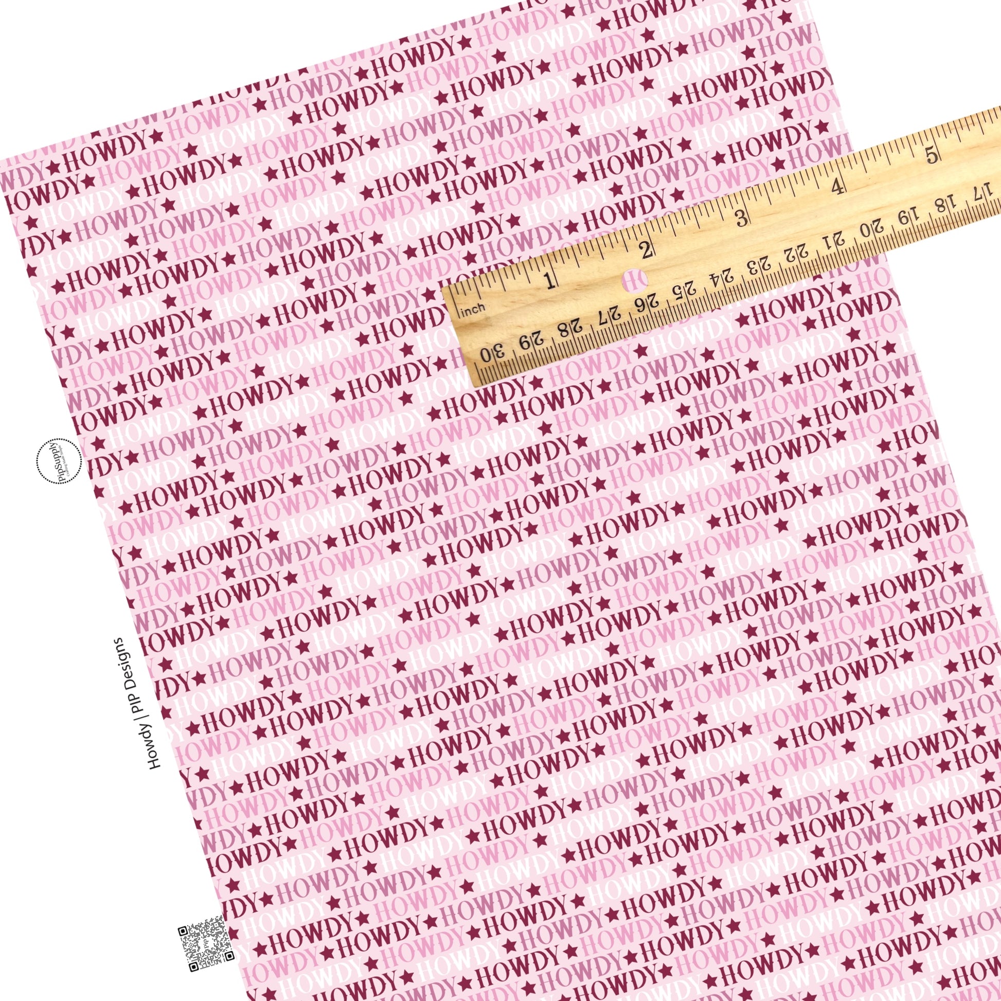 These western pattern themed faux leather sheets contain the following design elements: "Howdy" sayings and stars on pink. Our CPSIA compliant faux leather sheets or rolls can be used for all types of crafting projects.