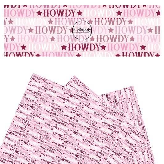 These western pattern themed faux leather sheets contain the following design elements: "Howdy" sayings and stars on pink. Our CPSIA compliant faux leather sheets or rolls can be used for all types of crafting projects.