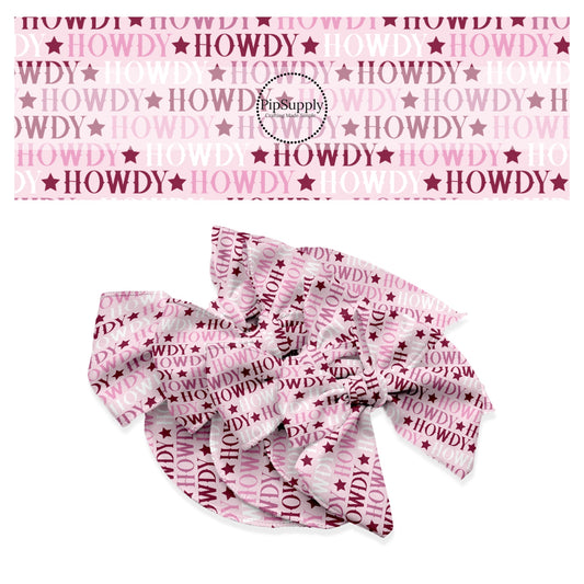 These western pattern no sew bow strips can be easily tied and attached to a clip for a finished hair bow. These bow strips are great for personal use or to sell. The bow strips features "Howdy" saying and stars on light pink.