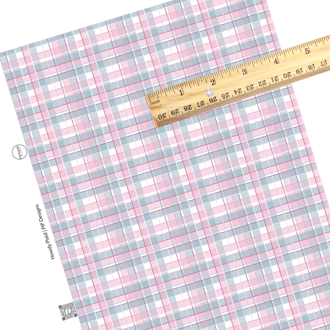 These western plaid pattern faux leather sheets contain the following design elements: pink, light blue, and white plaid. Our CPSIA compliant faux leather sheets or rolls can be used for all types of crafting projects.